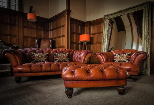 TETRAD OSKAR CHESTERFIELD TAN LEATHER 3 PIECE SUITE MIDI SOFA CLUB CHAIR STOOL