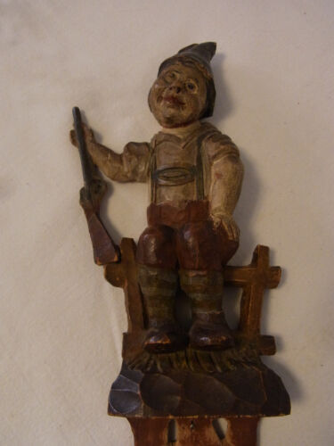 Boy with Gun Hand Carved Wood Wall Ornament Tear-Off Calendars Antique German #U - Picture 1 of 14
