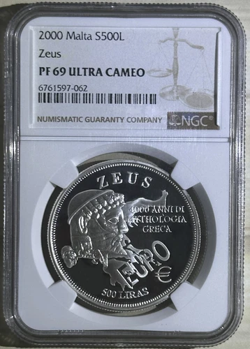 Malta Order of 2000 Silver Unusual Coin 500 Liras Zeus NGC PROOF 69 UC Top Pop