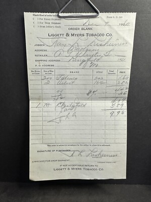 tobacco wholesale near me 1926 Wholesale Receipt, Liggett & Myers Tobacco, Fatima & Velvet, Kingfield  ME