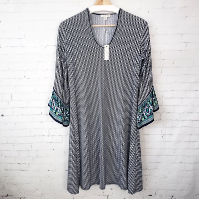 max studio knit dresses Jersey Dress Size S Navy Blue Print Bell 3/4 Sleeves Stretch Women's sweater