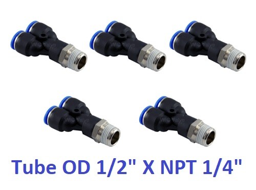 Pneumatic Y Connector Tube OD 1/2" X NPT 1/4" Push In Air Hose Fitting 5 Pieces - Picture 1 of 1