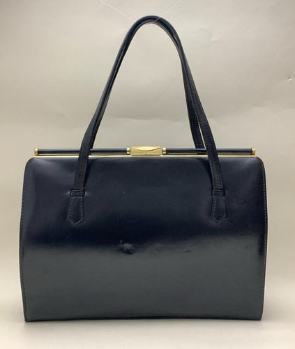 Ackery Large Vintage 1950s Blue Leather Handbag Buff Suede Lining & Elbief Frame - Picture 2 of 24