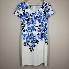Talbots Floral Blue White Sheath Dress 4 Womens Short Sleeve Back Zip