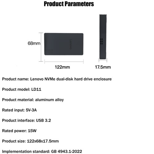 Original Lenovo LD11 Dual NVMe Docking Station USB 3.2 M.2 SSD Drive Enclosure - Afbeelding 9 van 11