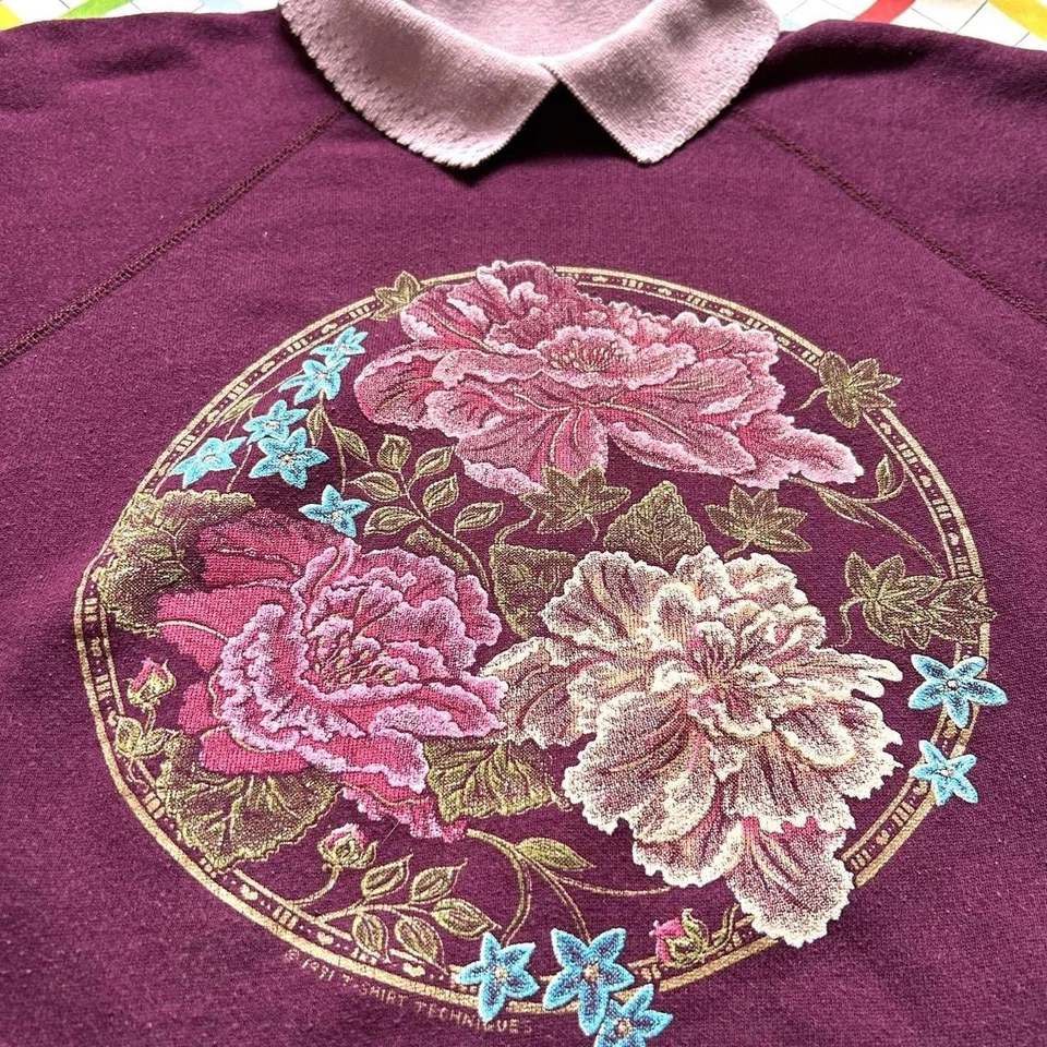 Sudadera Hanes Vintage Años 70 Grande Púrpura Floral Estampado Peonía Gráfico Cuello Redondo Foto 2 de 4