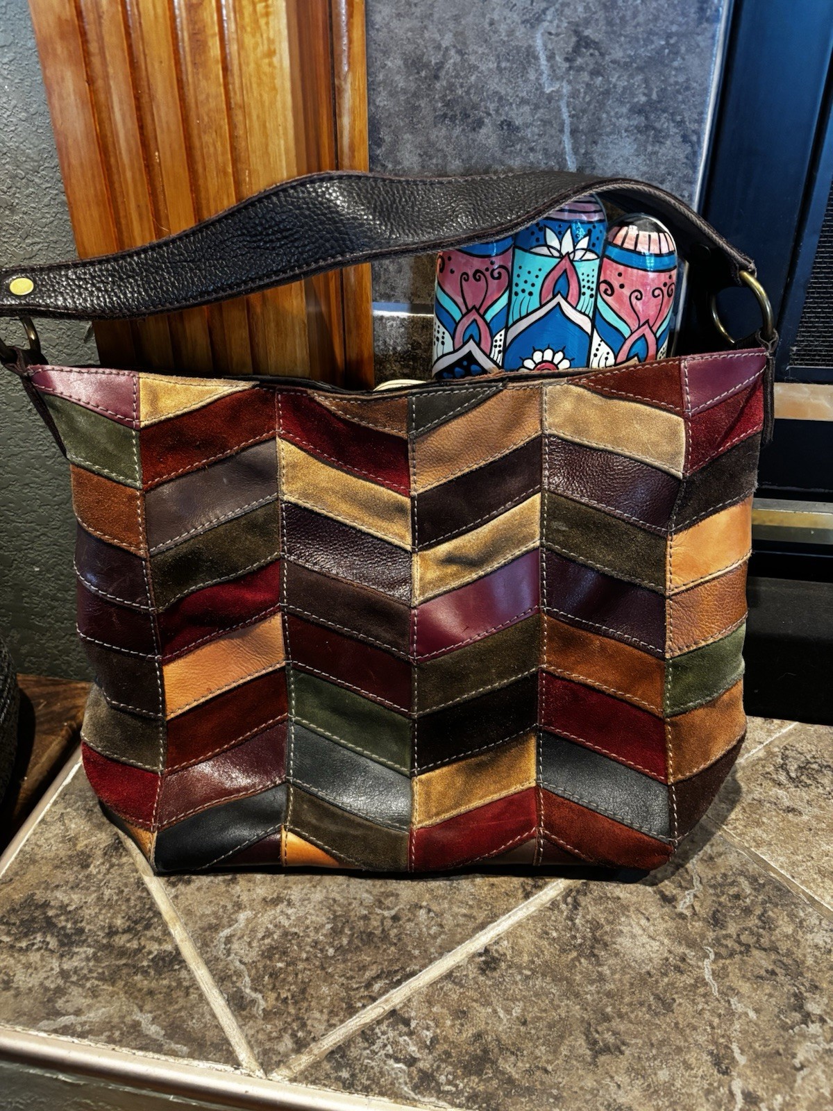 Luck Brand Multicolor Patchwork Chevron Shoulder … - image 1