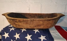 Antique Primitive Hand Carved Trencher Dough Bowl Fantastic Old Repair Strap