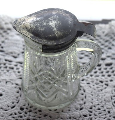 Anchor Hocking Fancy Syrup Pitcher w/ Metal Lid - Pressed Glass - 1940s Vintage