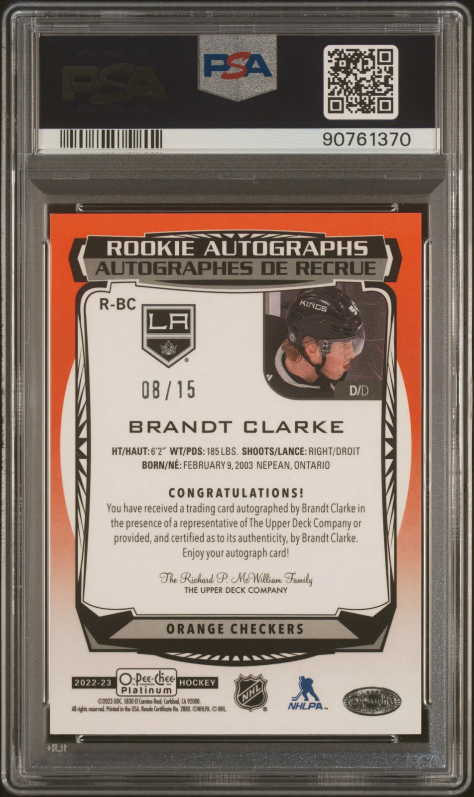 2022/23 O-Pee-Chee Platinum Rookie Auto Brandt Clarke Orange Checkers /15 PSA 10 view 2