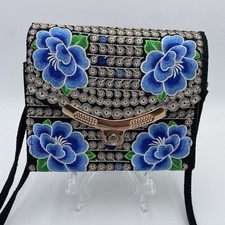 Traditional Mexican Crossbody Purse Floral Embroidered Clutch Blue Flowers Black