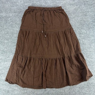 Faded Glory Brown Cotton Tiered Midi Skirt Elastic Waist Drawstring Boho M 8-10