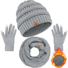 Winter Beanie Hat Scarf Gloves, Unisex Warm Fleece Knit Neck Scarf Light Gray