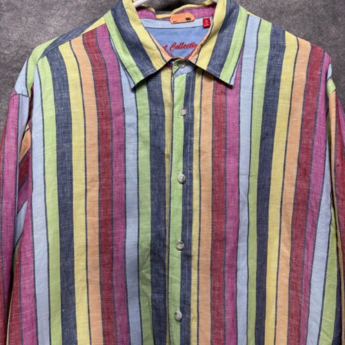 Report Collection Button Up Shirt Mens XL 100% Linen Rainbow Colorful Striped - Picture 2 of 13