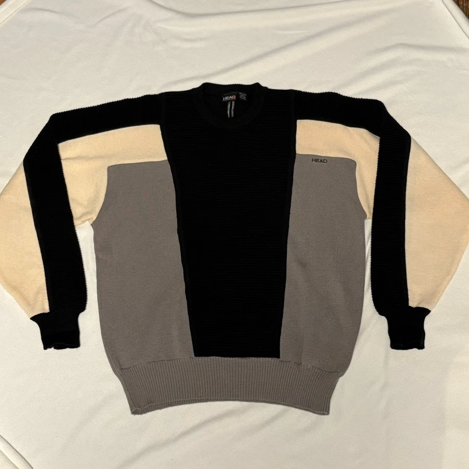 Suéter Cabeza Grande 100% Lana Bloque de Color Cuello Redondo Negro Gris Esquí Invierno De Colección Foto 4 de 4