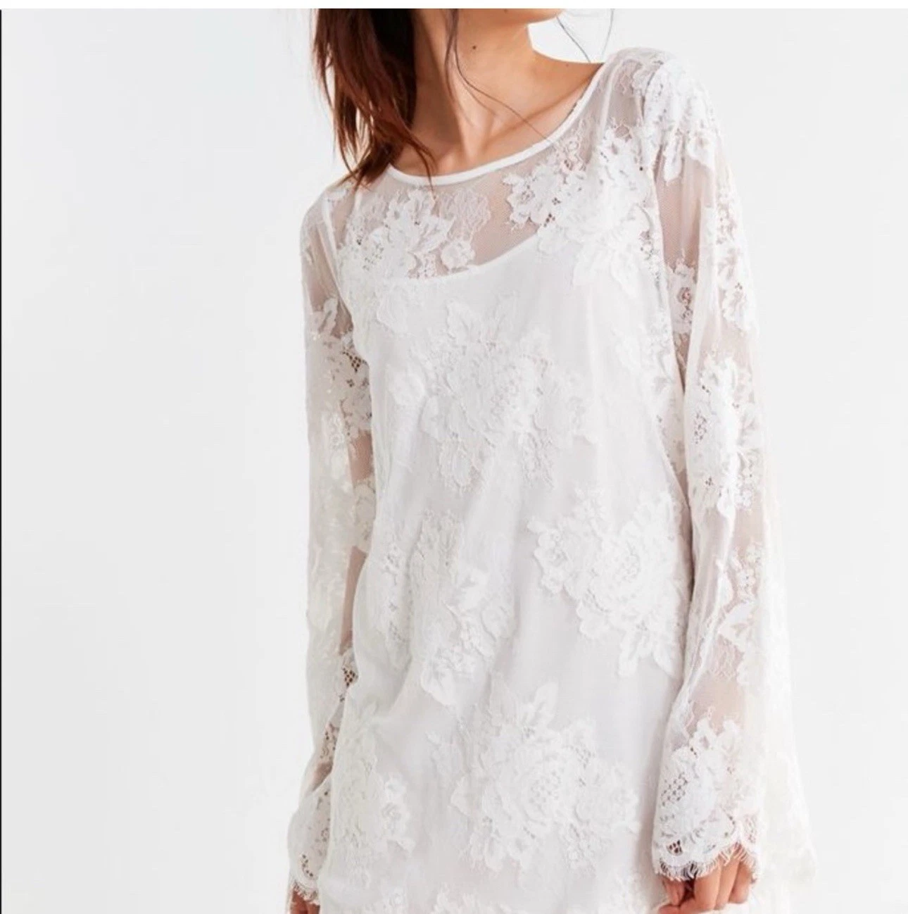 OFF WHITE Urban Outfitters abito donna panna pizzo boho manica lunga taglia small nuovo senza etichette