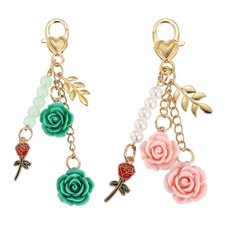 Flower Charm Keychain, Green/Purple Rose Pendant Keychains, Pack of 2