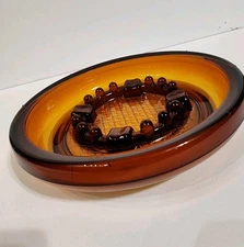 Vtg Heavy large Amber Glass Ashtray Cigarette Cigar Table Top  Patterned *M