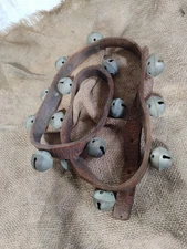 Antique Sleigh Bells 15 Petal Bells 1" Aged Leather Strap 47" Primitive Rustic