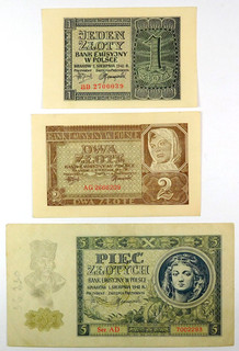 1941 Poland 1 2 & 5 Zlotys Note Lot (German Occupation) Pick 99 100 101