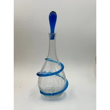 Blenko Joel Myers 6838 Clear Crackle Glass Decanter with Blue Swirls and Stopper
