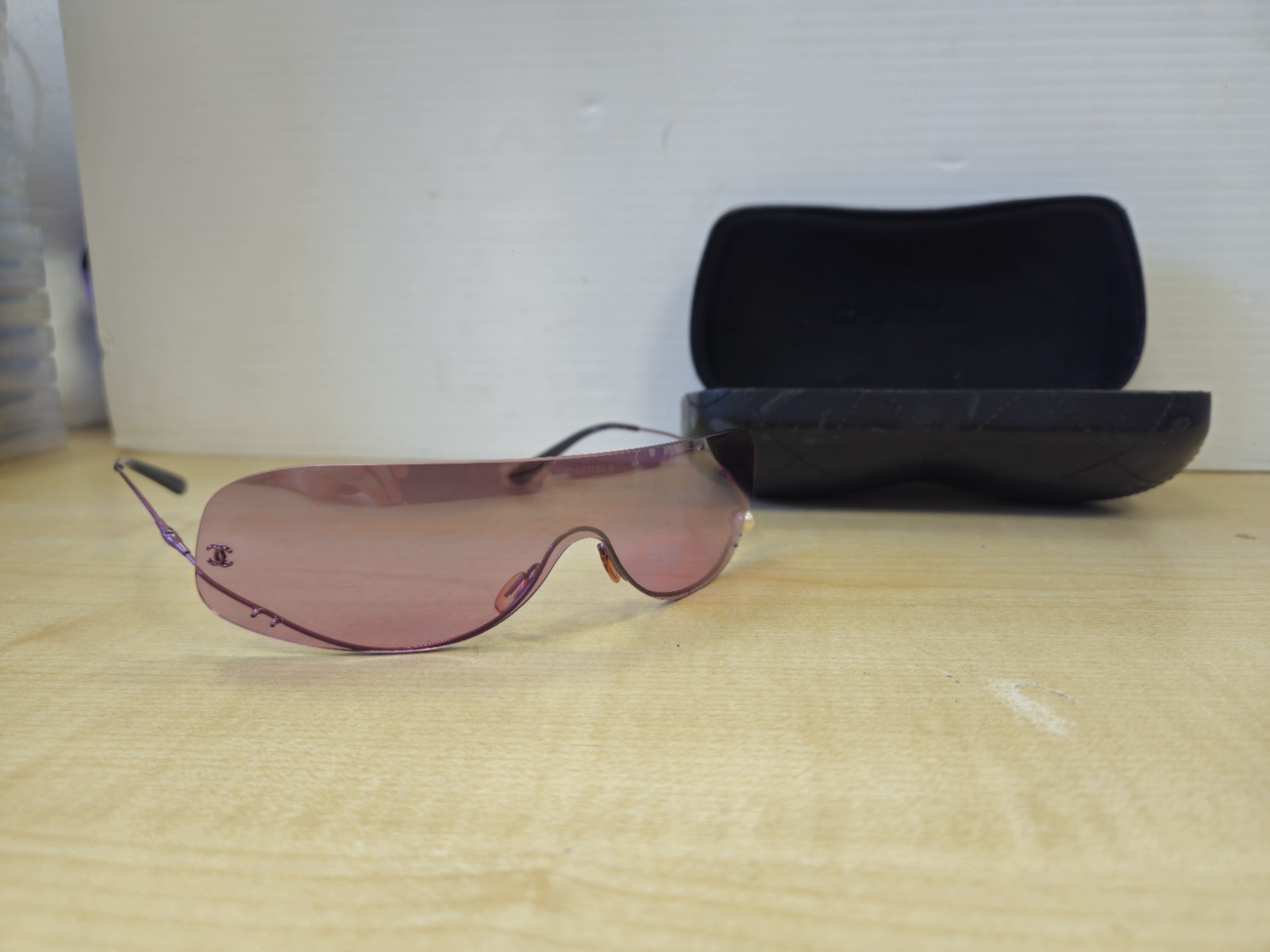 Vintage Chanel 4054 Pink Rimless Shield CC Logo Sunglasses