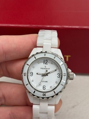 Peugeot Women's White Ceramic Watch Sport Bezel Swarovski Crystal Markers