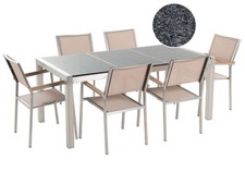 Set da Giardino Tavolo Piano Granito Grigio 6 Sedie Beige 180 x 90 cm Grosseto