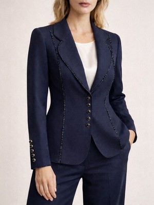 Escada Navy Wool Blazer Jacket Size EU 42 US 12/14 Ruffle Trim Career Designer