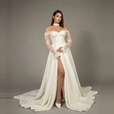 A-line Satin/Lace Wedding Dresses Off Shoulder Split Long Simple Bride Wedding