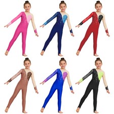 Girls Leotard Color Block Bodysuit Performance Unitard Mesh Patchwork Jumpsuit
