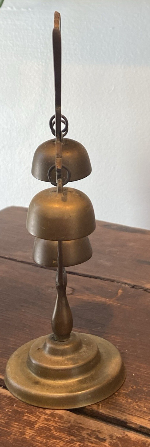 Vintage Brass Bird Motif Bell Stand 4 Hanging Bells Gong MCM Home Accents