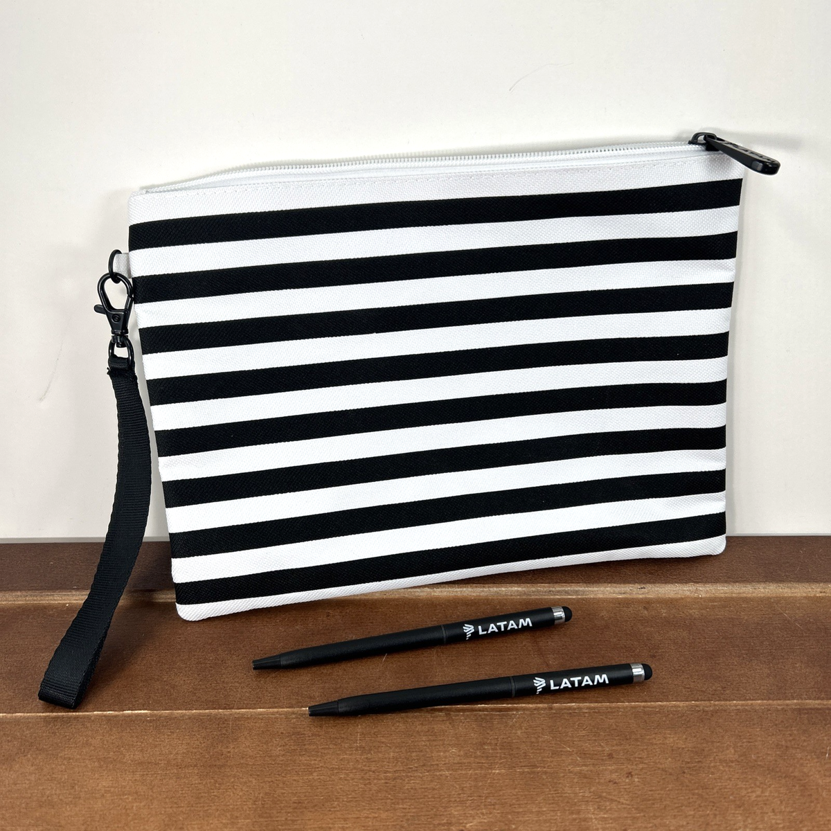 LATAM Airlines Business Class Amenity Bag Black White Striped Travel Kit  Pens