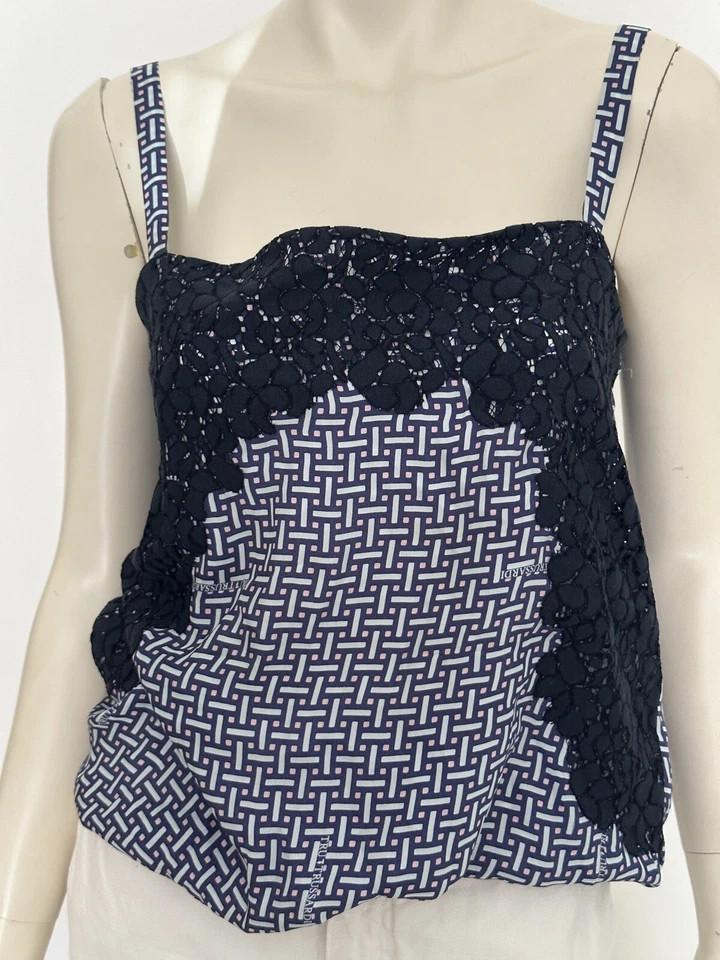 Top de mezclilla Trussardi camisola 100 % seda ribete de encaje azul marino geométrico talla IT44-M Foto 2 de 4
