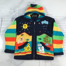 Peruvian Sweater Hoodie Girls Small Alpaca Animal Scene Lamb Bunny Full Zip