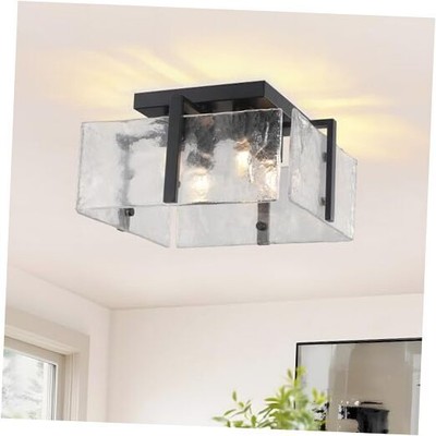4-Light Black Ceiling Light Fixture, Luxury Textured Water Ripple Glass Semi 