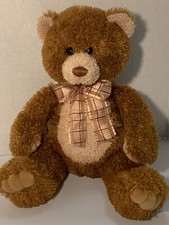 Aurora Teddy Bear Brown Tan 13 Sitting Plush Plaid Bow Soft Lovey Rare 2017