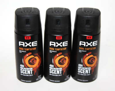 LOT (3) AXE DARK TEMPTATION DEODORANT BODYSPRAY DARK CHOCOLATE 4 OZ SPRAY