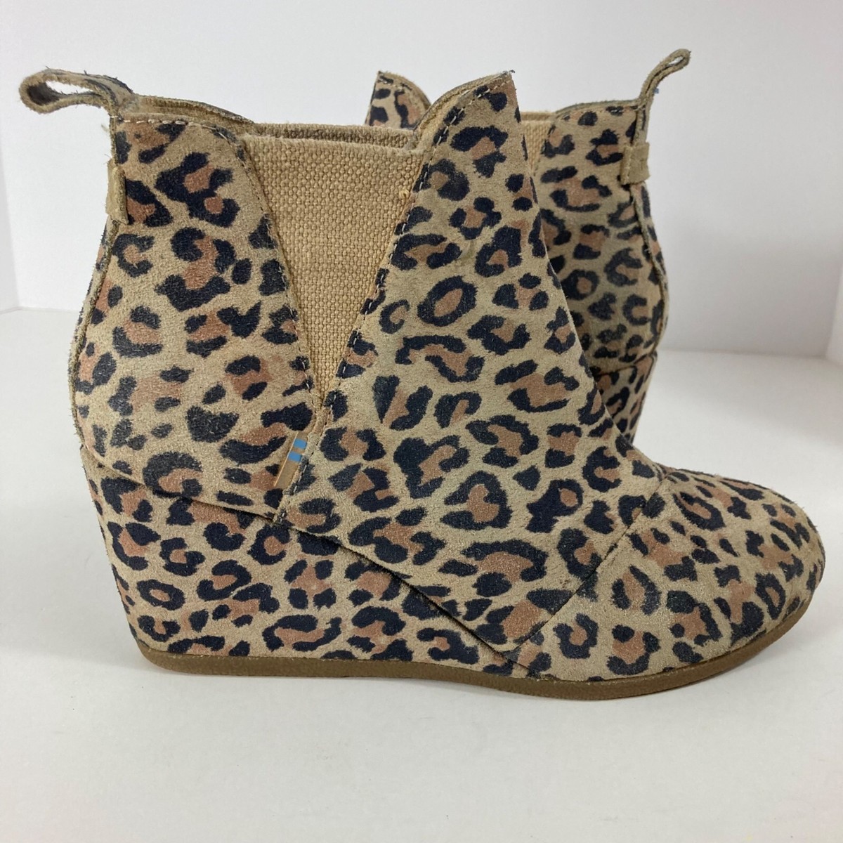 Womens Toms Kelsey Suede Leopard Wedge Bootie Tan Brown