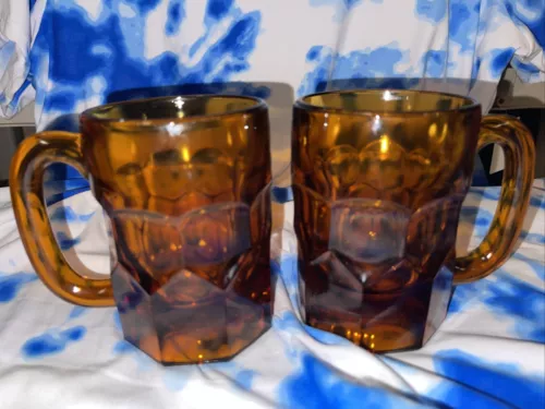 Vintage Indiana Glass Amber Root Beer Mugs Heavy Handled Thumbprint Set of 2