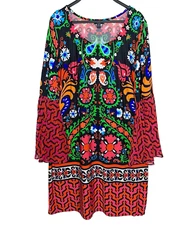 MSK Womens Plus 1X Shift Dress Bell Sleeve Floral Colorful Boho Stretch Artsy
