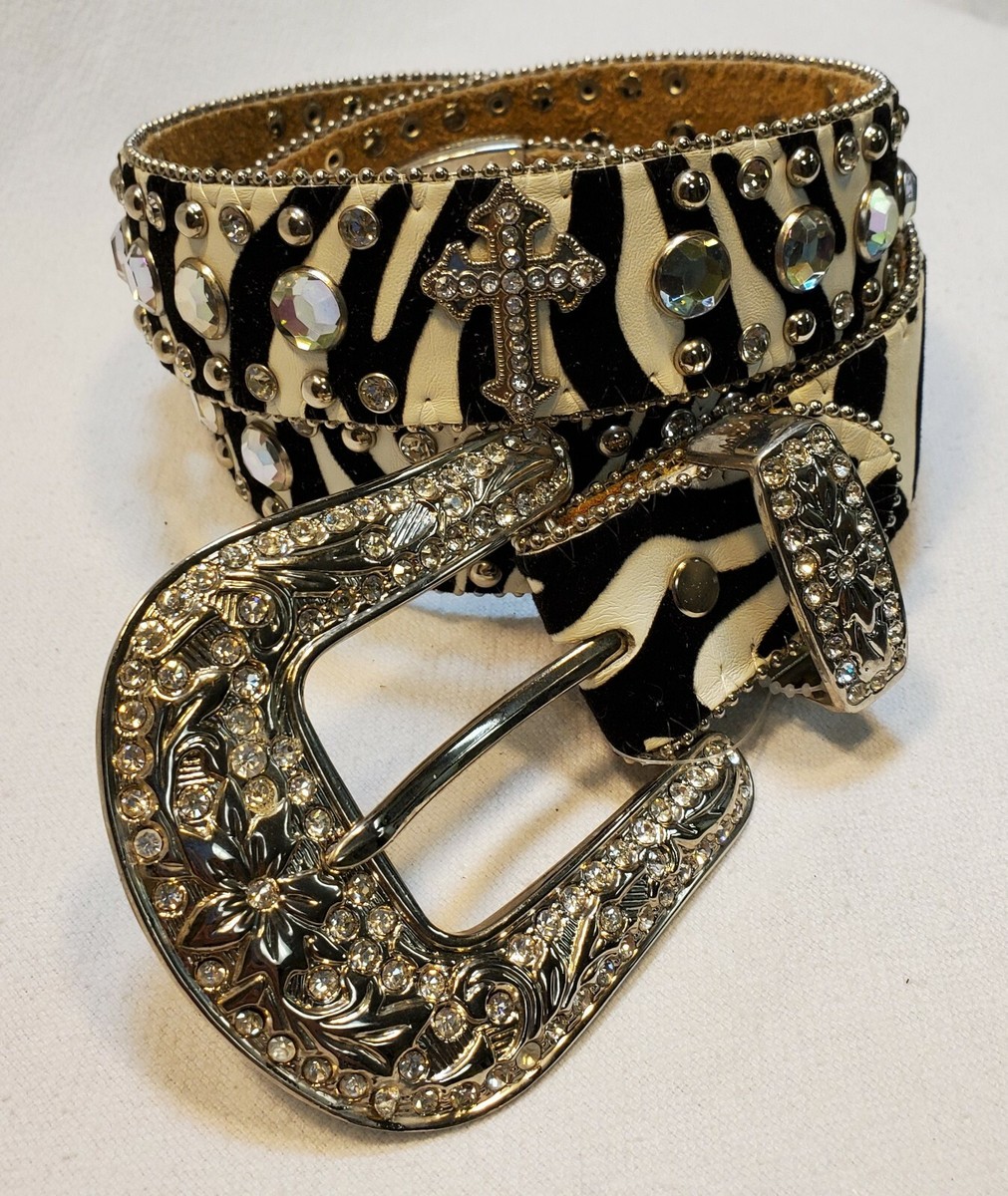 Ladies zebra leather belt with clear rhinestones, cross 