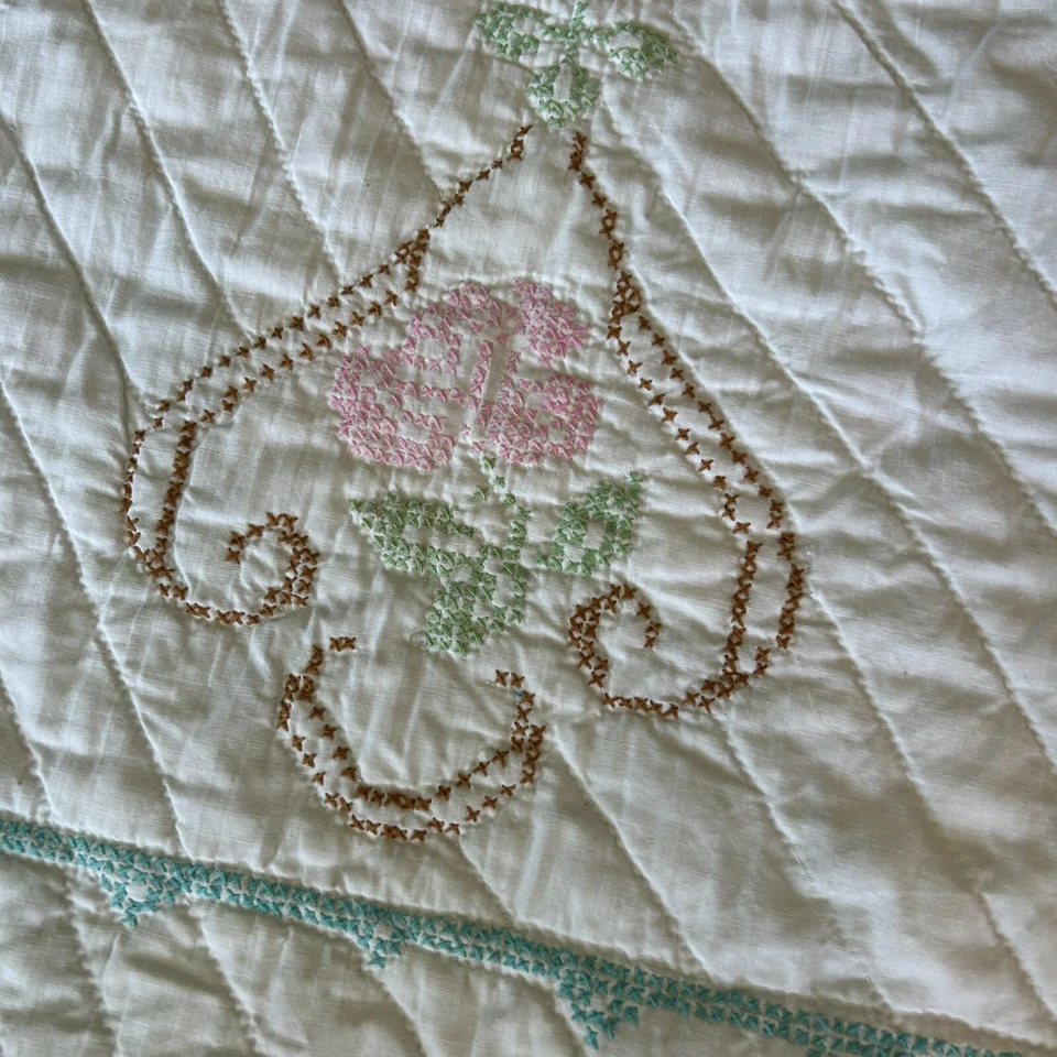 Manta Floral Doble Queen Floral Punto de Cruz Edredón Vintage 86 x 83 Leer Foto 4 de 4