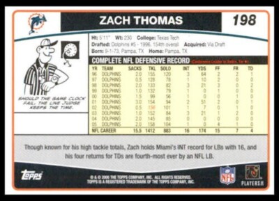 2006 Topps #198 Zach Thomas Miami Dolphins Football Card | eBay