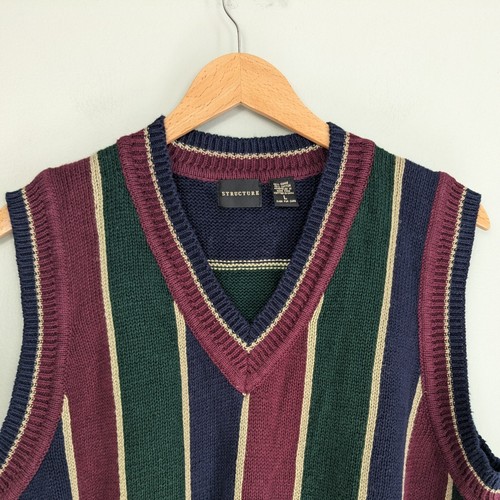 Vintage Sweater Vest Mens L 90s Structure Stripe V-Neck Academia Preppy Classic - Picture 5 of 9
