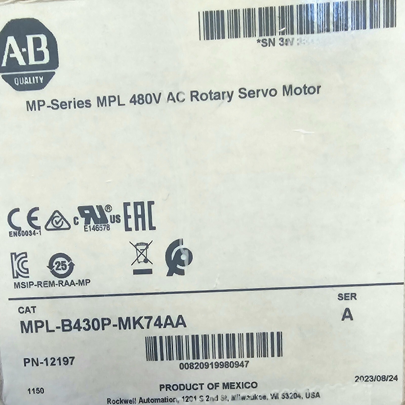 2023 New Sealed Allen Bradley MPL-B430P-MK74AA Ser A Kinetix Servo Motor