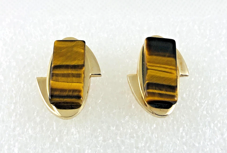 Vintage Mid-Century Tigers Eye Gold Tone Cufflinks Modernist - Image 2 of 4