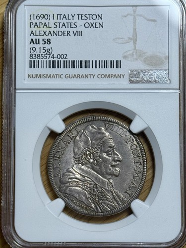 1690 Italia Stato Pontificio Testone Argento, Alessandro VIII, NGC AU-58
