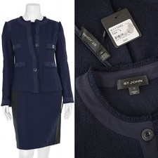 NWT St. John Knits 2Pc Fringed Micro-Boucle Knit Dress Suit sz 8 Navy/Caviar