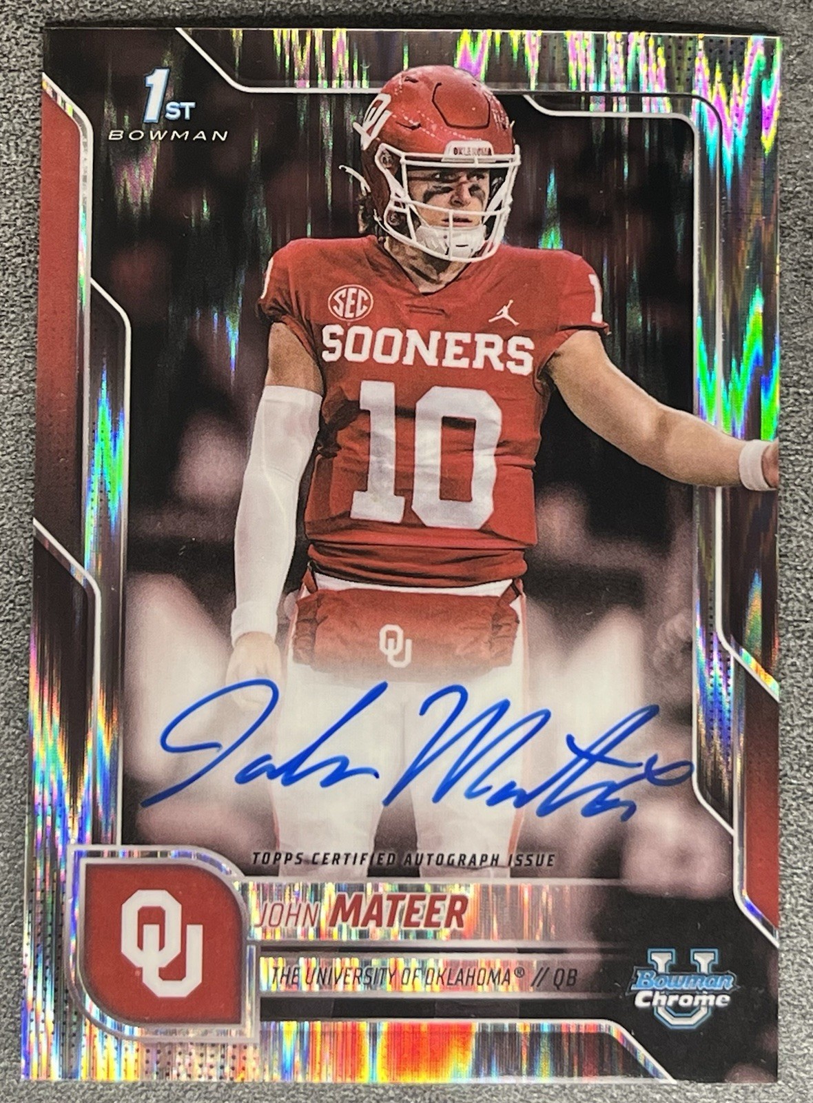John Mateer 2025 Bowman Chrome 1st Bowman Stealth Refractor ON CARD Auto RC SP